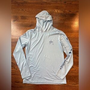 Guy Harvey gray Hooded Long Sleeve Shirt with Navy Logo size small